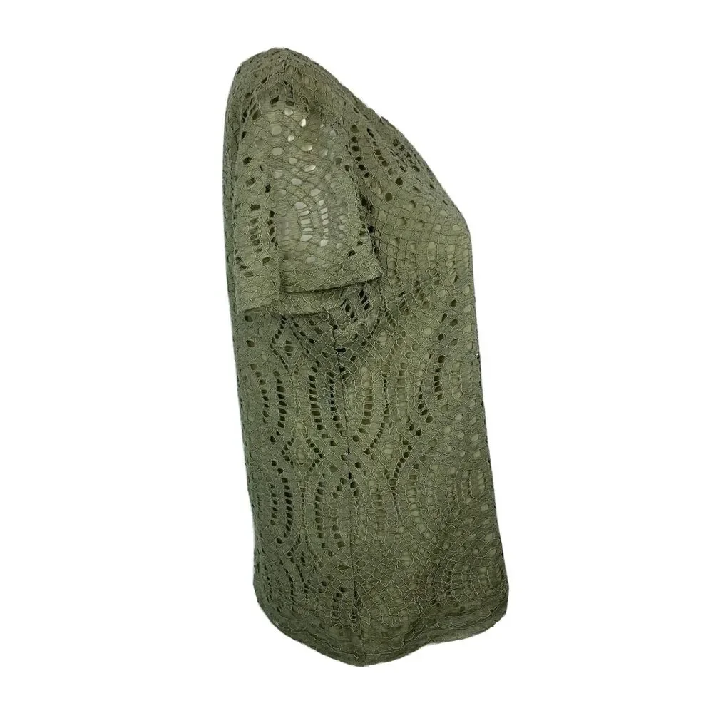 J. Crew Shirt Womens Sz 2 Olive Green Lace Crotchet Short Sleeve Top Rear‎ Zip